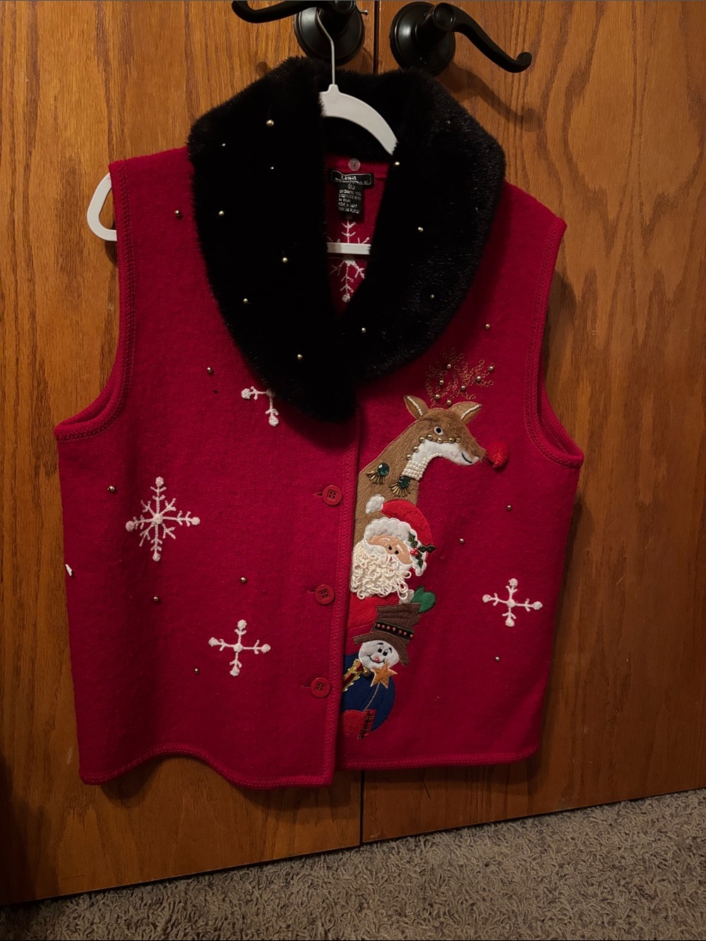 Lisa Festive Red Holiday Vest with Faux Fur Collar